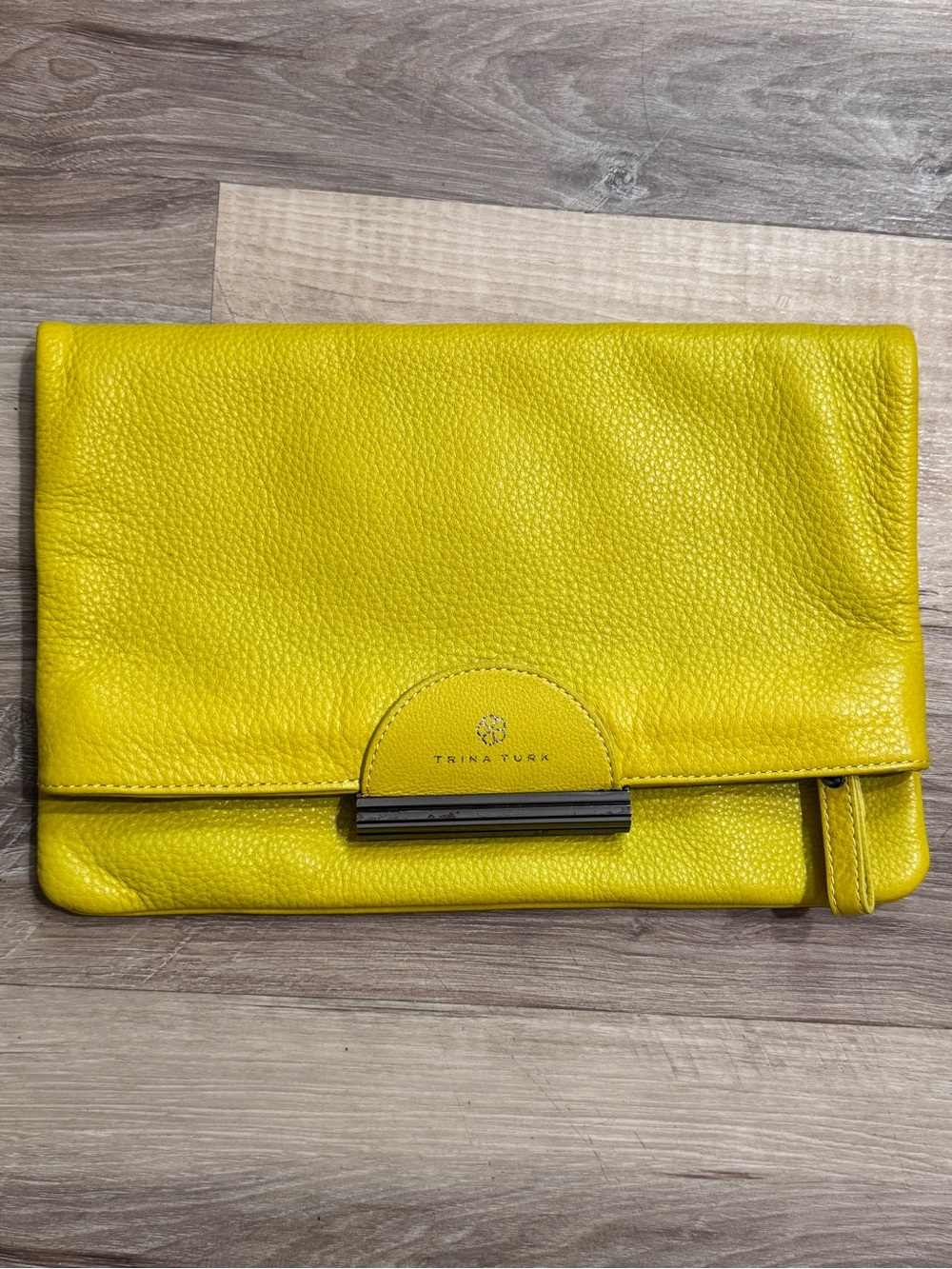 Trina Turk Lemon Yellow Pebbled Leather Fold-Over Clutch